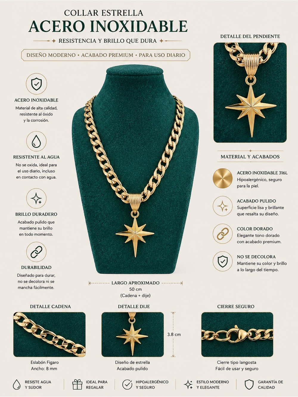 Collar Estrella Dorado en Acero Inoxidable para Hombre